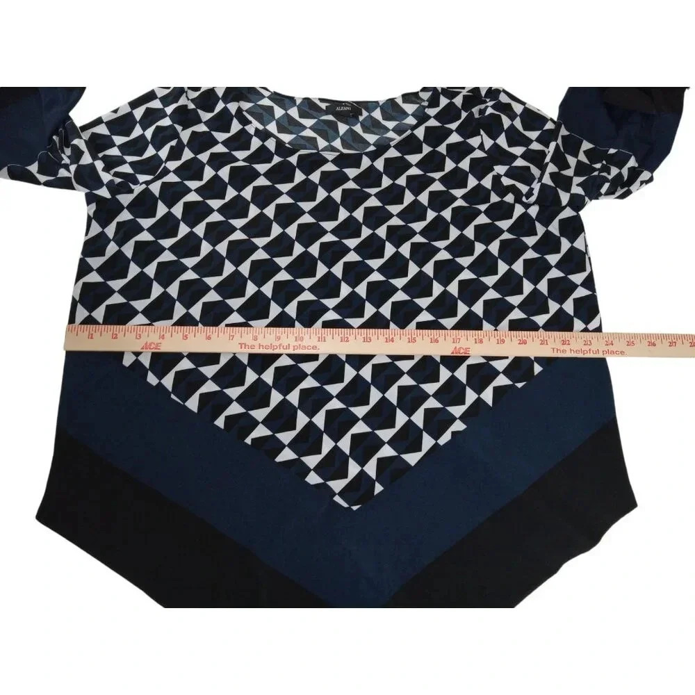 Alfani Womens Top Black Blue Geometric Pullover Asymmetrical Blouse Size 14 - Picture 7 of 9